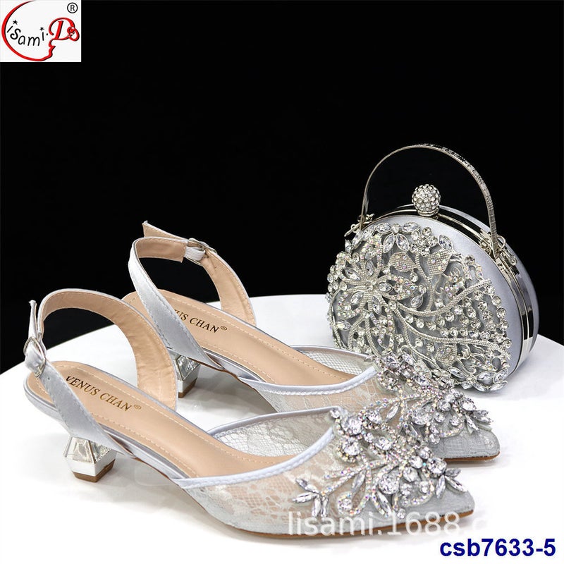 High-Heeled Large Flash Diamond Carved Elastic Sandals With Party Handbag Suit Shoes And Bag Set - Image 5